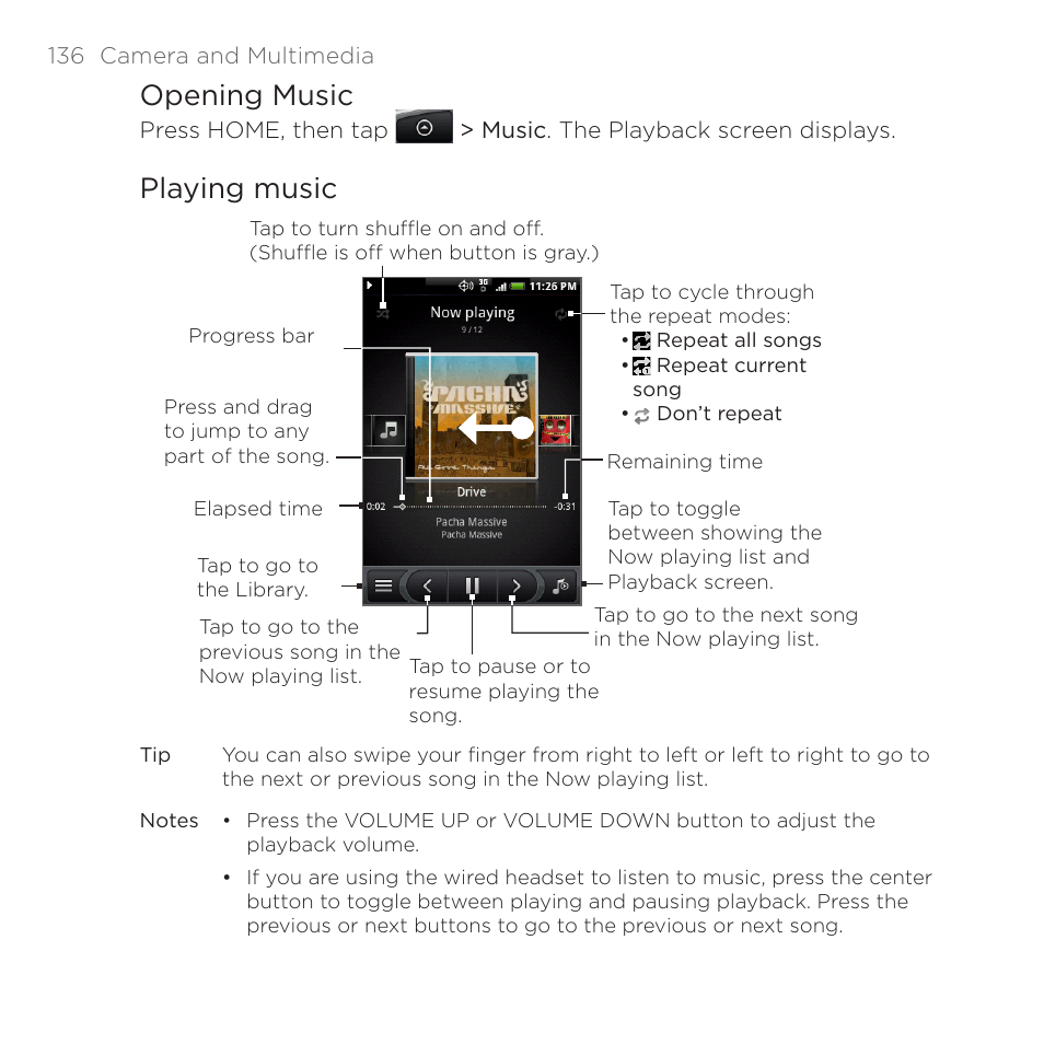 Opening music, Playing music, Opening music playing music | HTC DROID Eris PB00100 User Manual | Page 136 / 238