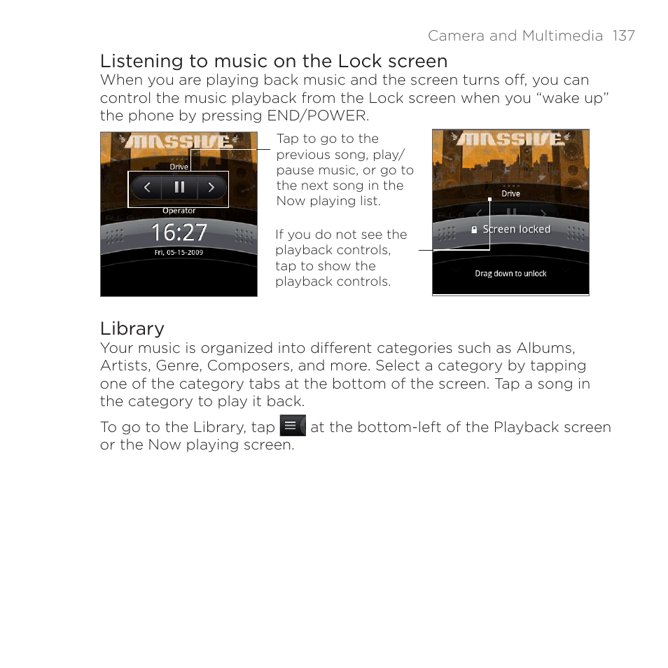 Listening to music on the lock screen, Library, Listening to music on the lock screen library | HTC DROID Eris PB00100 User Manual | Page 137 / 238