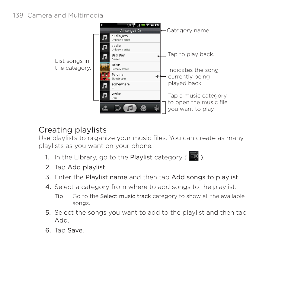 Creating playlists | HTC DROID Eris PB00100 User Manual | Page 138 / 238