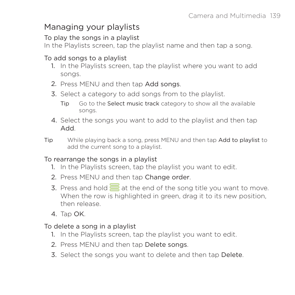 Managing your playlists | HTC DROID Eris PB00100 User Manual | Page 139 / 238