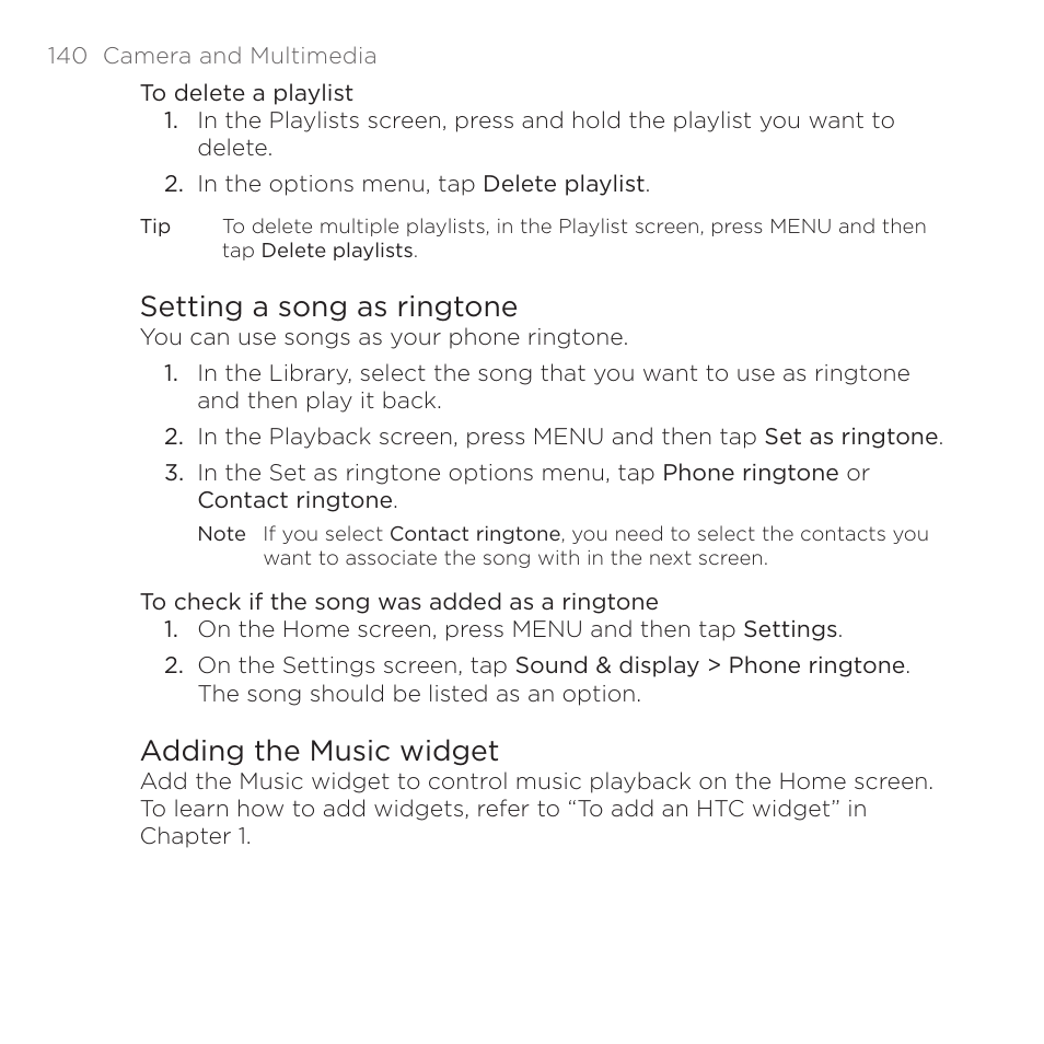 Setting a song as ringtone, Adding the music widget, Setting a song as ringtone adding the music widget | HTC DROID Eris PB00100 User Manual | Page 140 / 238