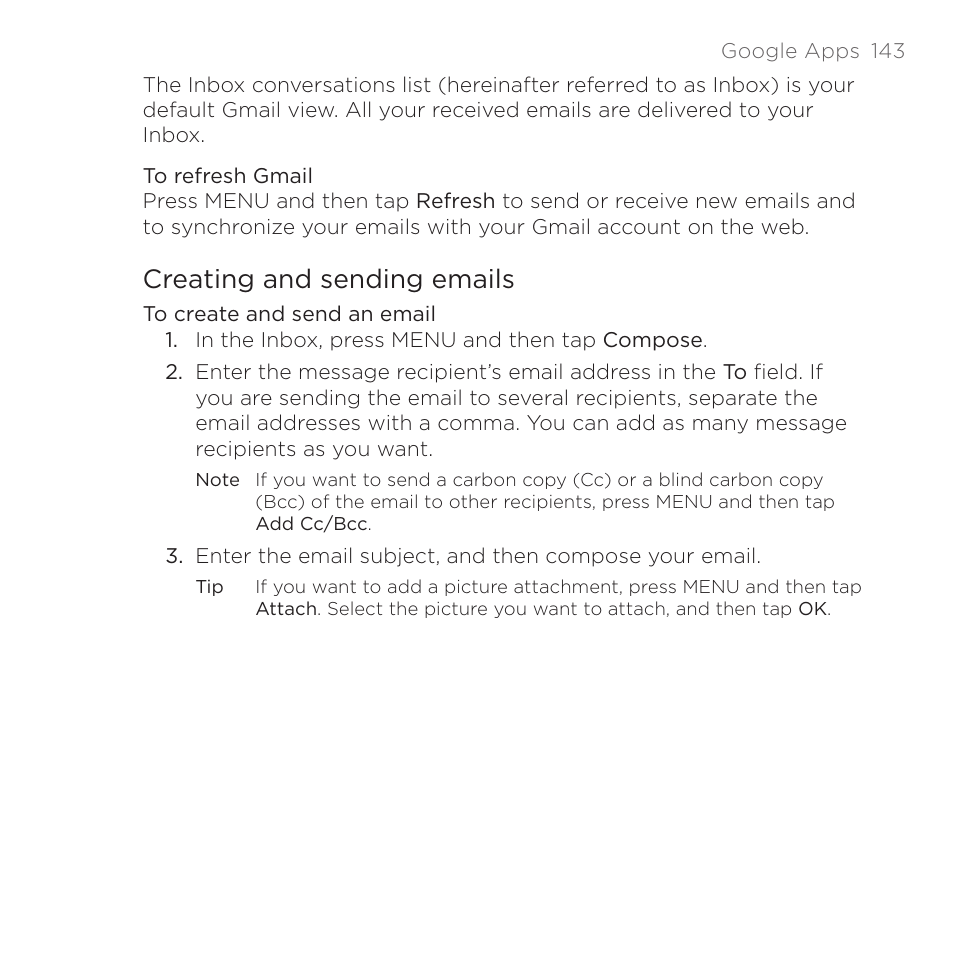 Creating and sending emails | HTC DROID Eris PB00100 User Manual | Page 143 / 238