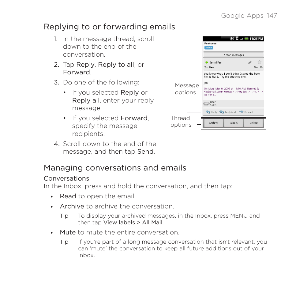 Replying to or forwarding emails, Managing conversations and emails | HTC DROID Eris PB00100 User Manual | Page 147 / 238