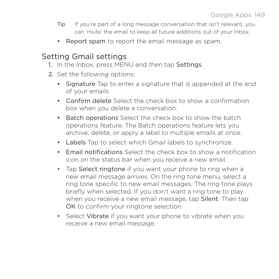 Setting gmail settings | HTC DROID Eris PB00100 User Manual | Page 149 / 238