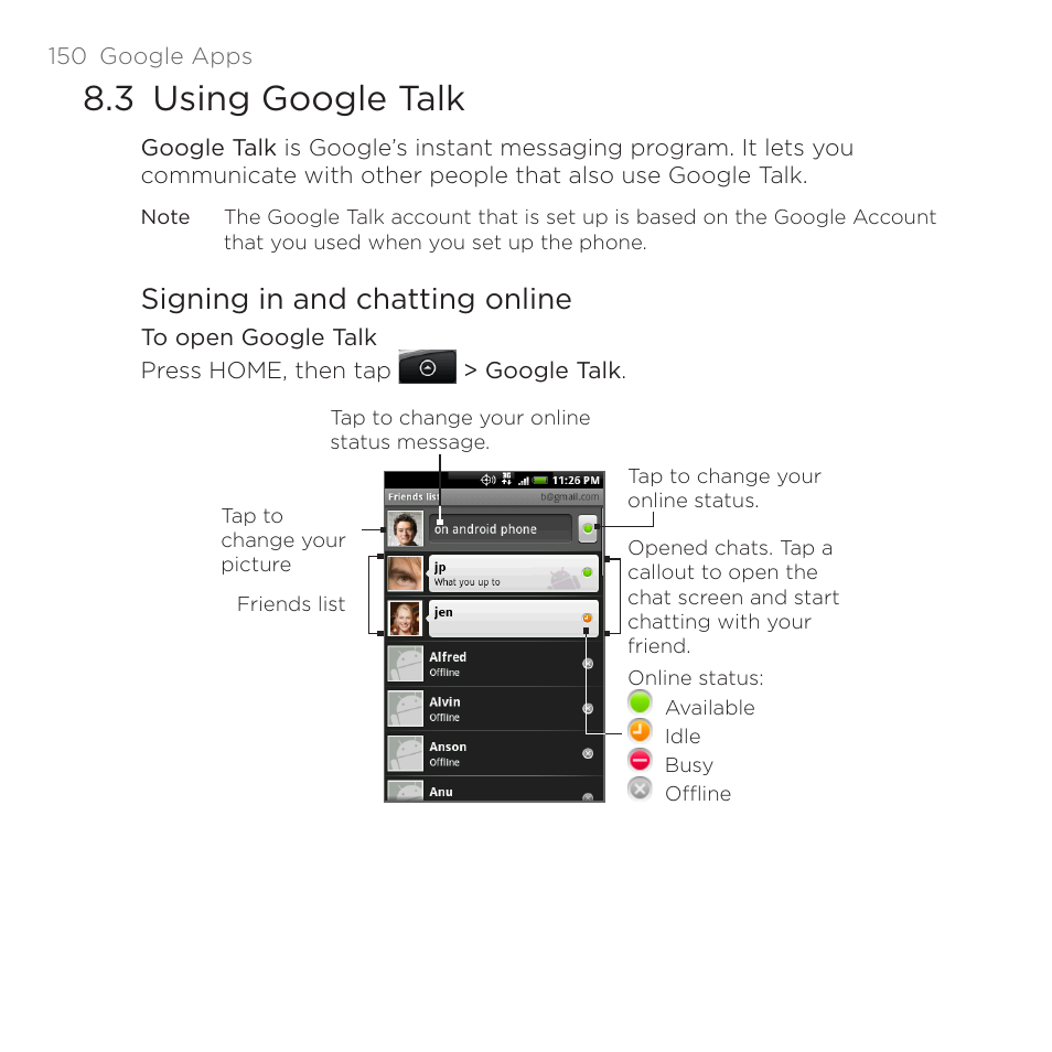 3 using google talk, Signing in and chatting online | HTC DROID Eris PB00100 User Manual | Page 150 / 238