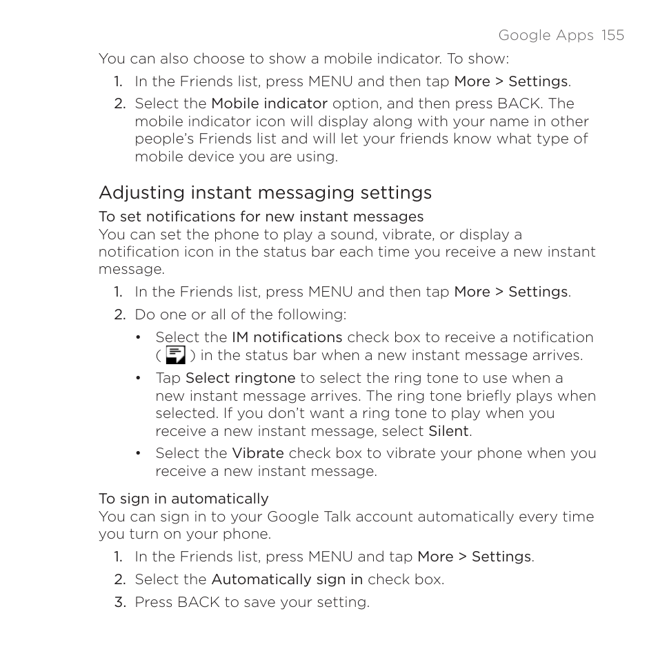 Adjusting instant messaging settings | HTC DROID Eris PB00100 User Manual | Page 155 / 238