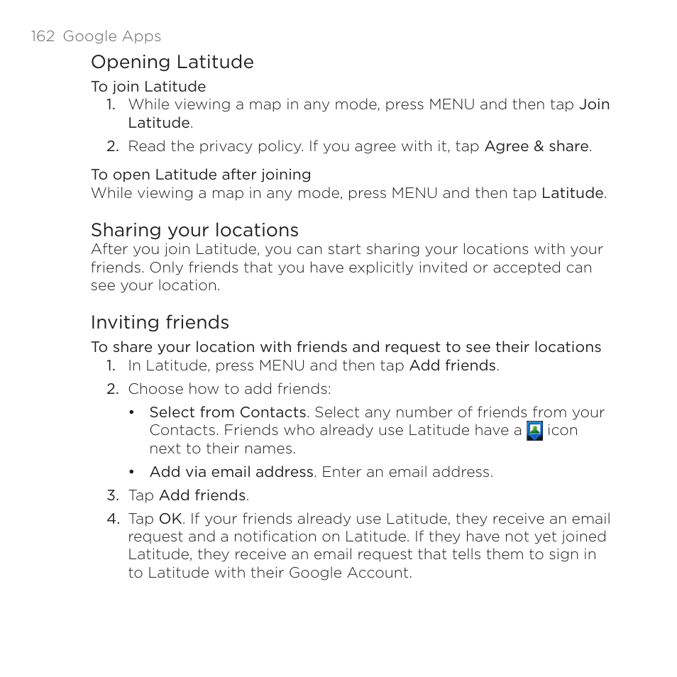 Opening latitude, Sharing your locations, Inviting friends | HTC DROID Eris PB00100 User Manual | Page 162 / 238