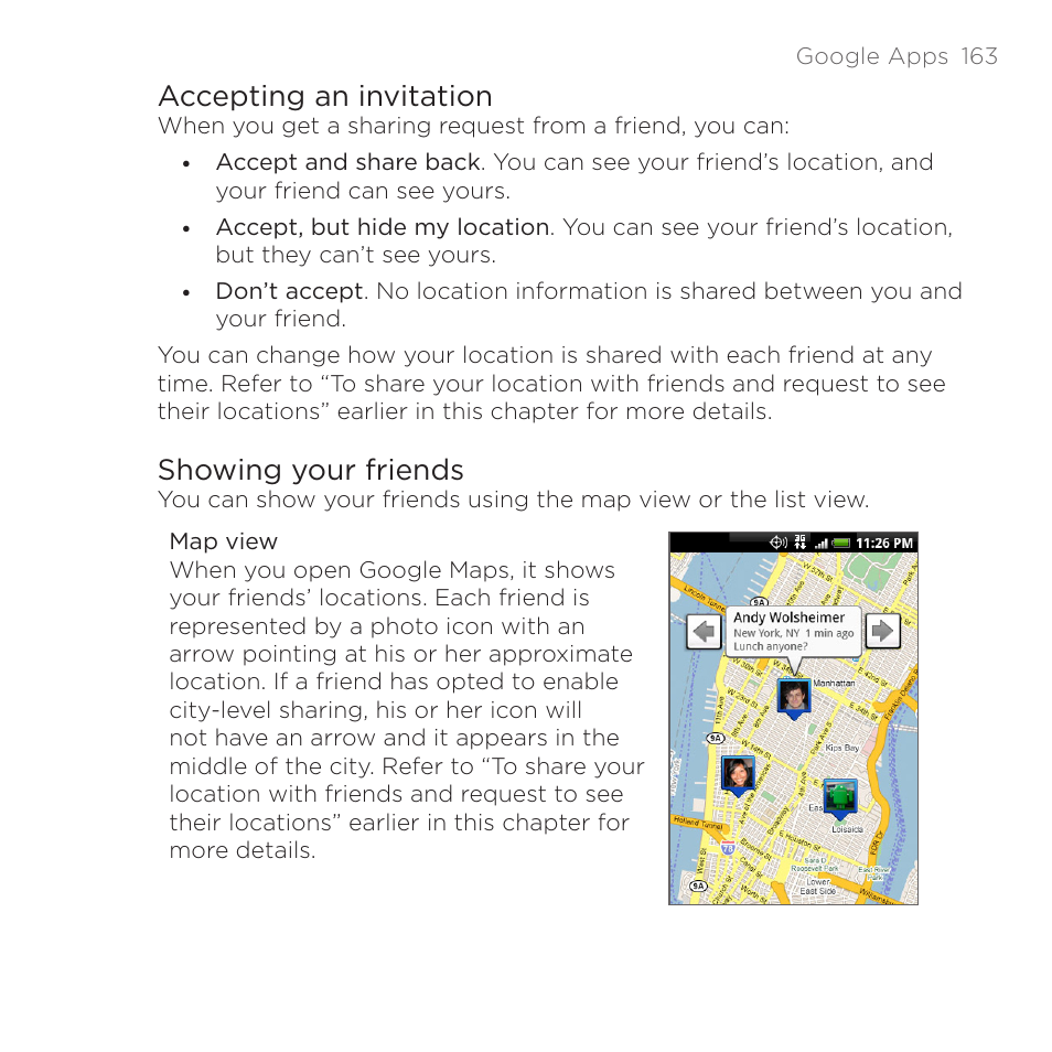 Accepting an invitation, Showing your friends, Accepting an invitation showing your friends | HTC DROID Eris PB00100 User Manual | Page 163 / 238