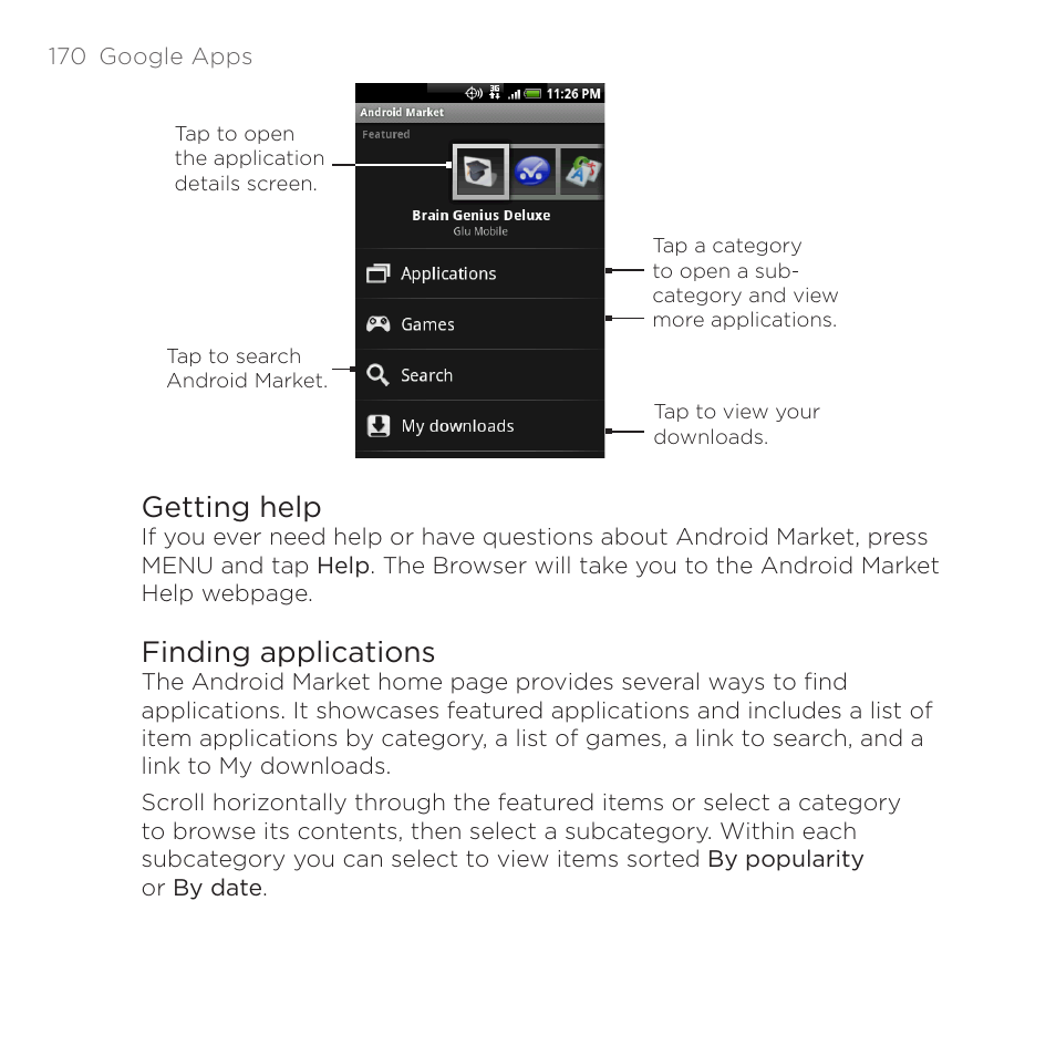 Getting help, Finding applications, Getting help finding applications | HTC DROID Eris PB00100 User Manual | Page 170 / 238