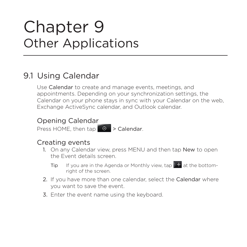 Chapter 9other applications, 1 using calendar, Opening calendar | Creating events, Chapter 9 other applications, Opening calendar creating events, Chapter 9, Other applications | HTC DROID Eris PB00100 User Manual | Page 176 / 238