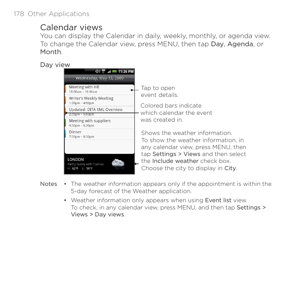 Calendar views | HTC DROID Eris PB00100 User Manual | Page 178 / 238