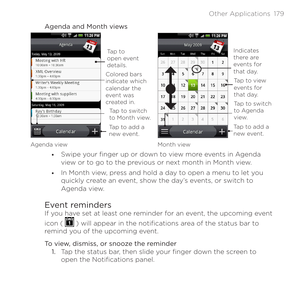 Event reminders | HTC DROID Eris PB00100 User Manual | Page 179 / 238