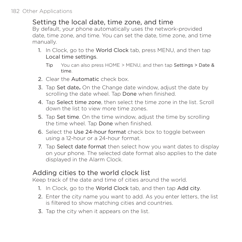 Setting the local date, time zone, and time, Adding cities to the world clock list | HTC DROID Eris PB00100 User Manual | Page 182 / 238