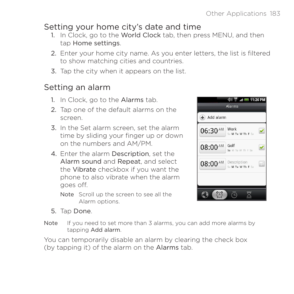 Setting your home city’s date and time, Setting an alarm | HTC DROID Eris PB00100 User Manual | Page 183 / 238