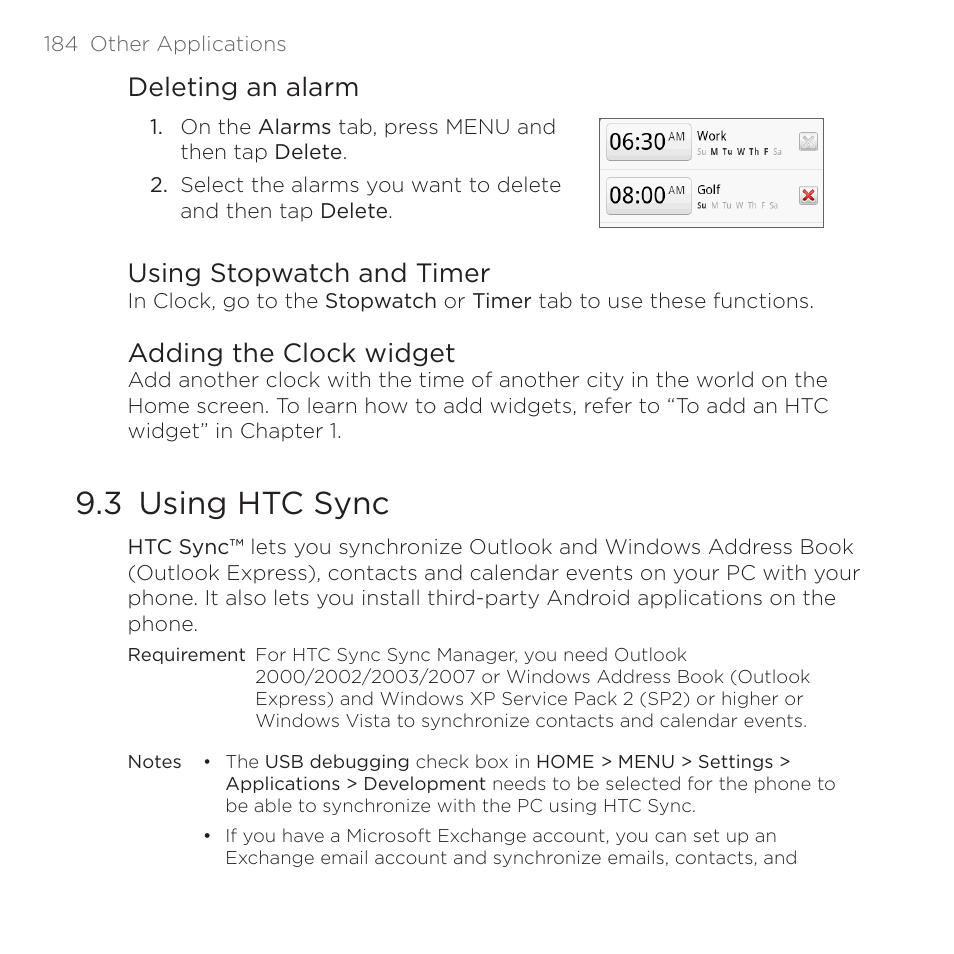 Deleting an alarm, Using stopwatch and timer, Adding the clock widget | 3 using htc sync | HTC DROID Eris PB00100 User Manual | Page 184 / 238