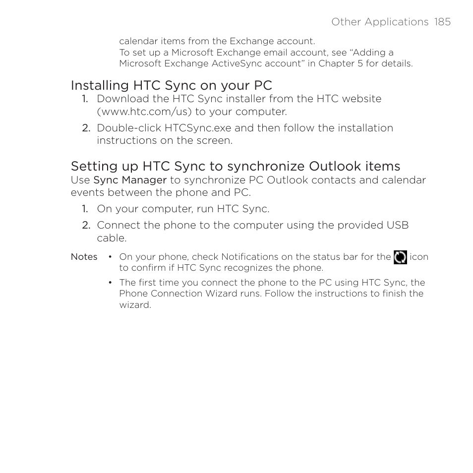 Installing htc sync on your pc, Setting up htc sync to synchronize outlook items | HTC DROID Eris PB00100 User Manual | Page 185 / 238