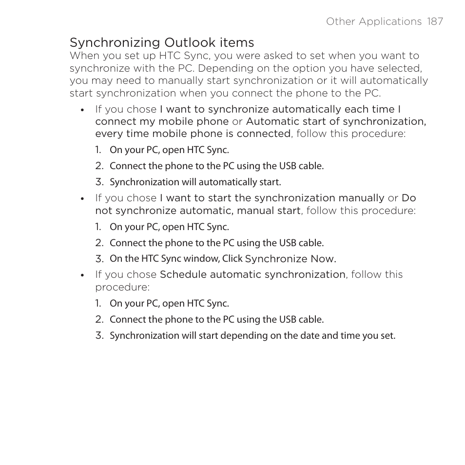 Synchronizing outlook items | HTC DROID Eris PB00100 User Manual | Page 187 / 238