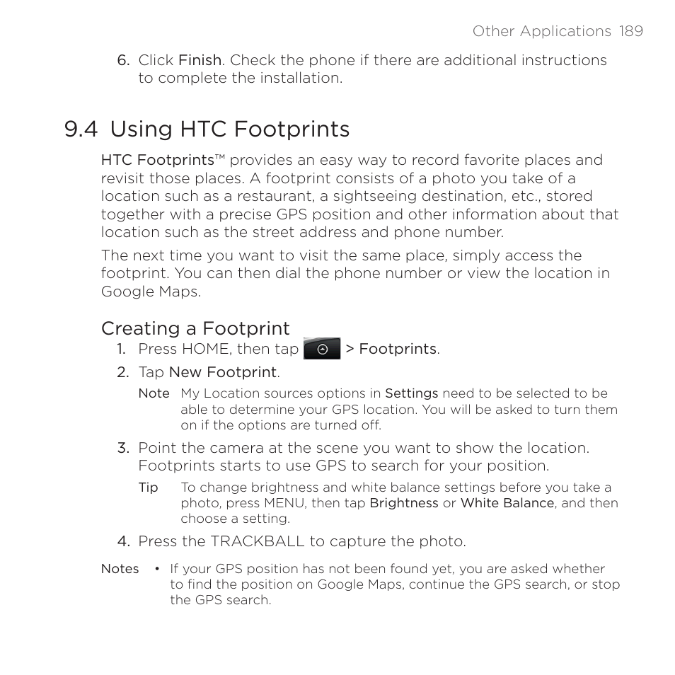 4 using htc footprints, Creating a footprint | HTC DROID Eris PB00100 User Manual | Page 189 / 238