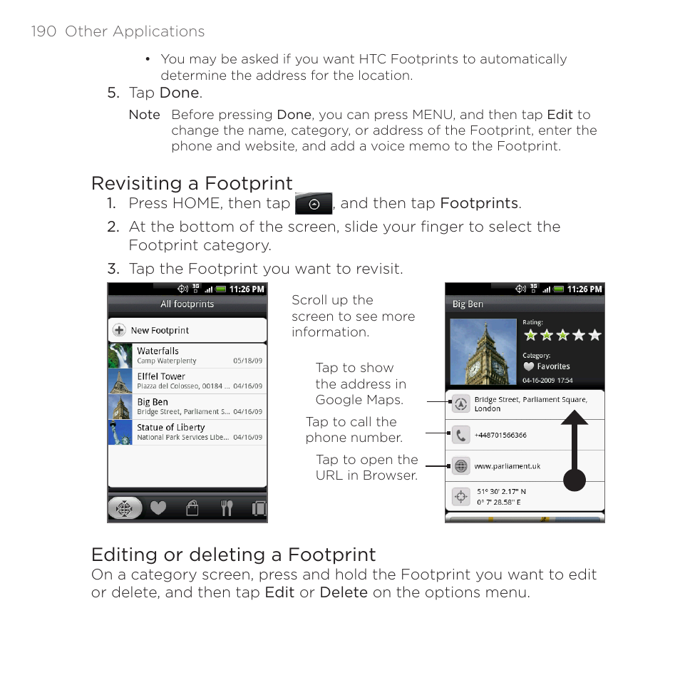 Revisiting a footprint, Editing or deleting a footprint | HTC DROID Eris PB00100 User Manual | Page 190 / 238