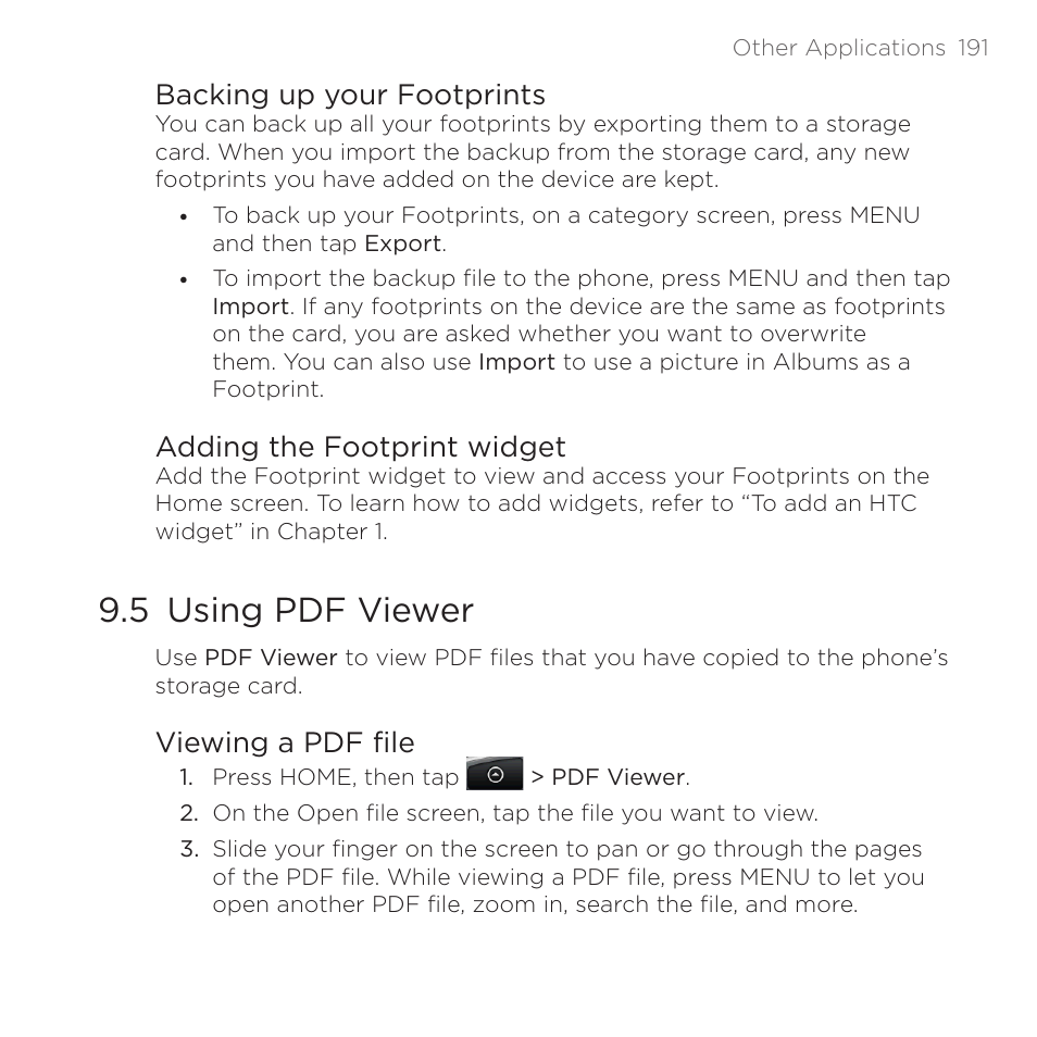 Backing up your footprints, Adding the footprint widget, 5 using pdf viewer | Viewing a pdf file | HTC DROID Eris PB00100 User Manual | Page 191 / 238