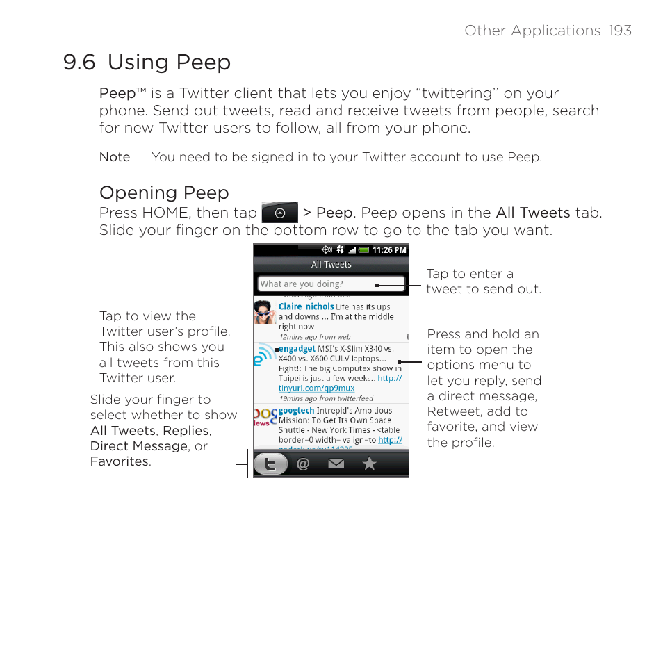 6 using peep, Opening peep | HTC DROID Eris PB00100 User Manual | Page 193 / 238