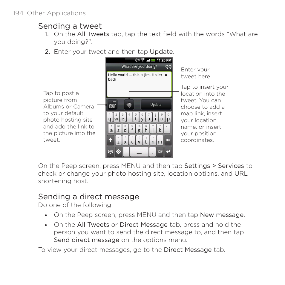 Sending a tweet, Sending a direct message, Sending a tweet sending a direct message | HTC DROID Eris PB00100 User Manual | Page 194 / 238