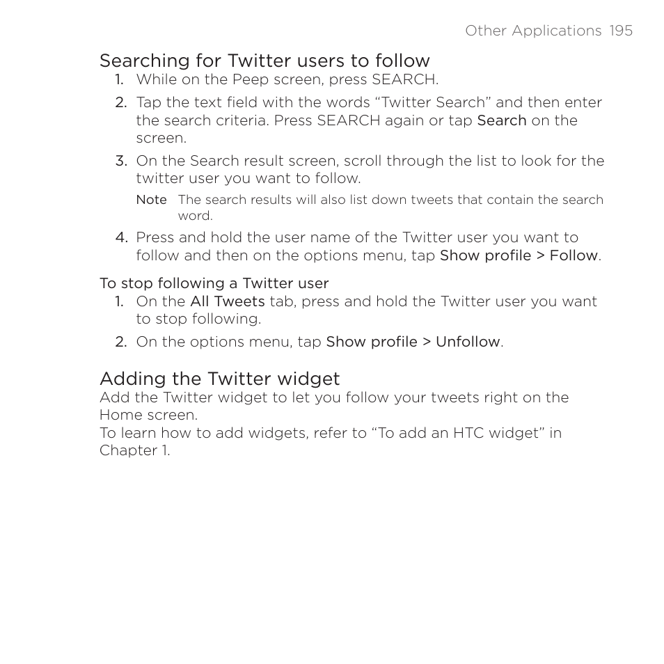 Searching for twitter users to follow, Adding the twitter widget | HTC DROID Eris PB00100 User Manual | Page 195 / 238