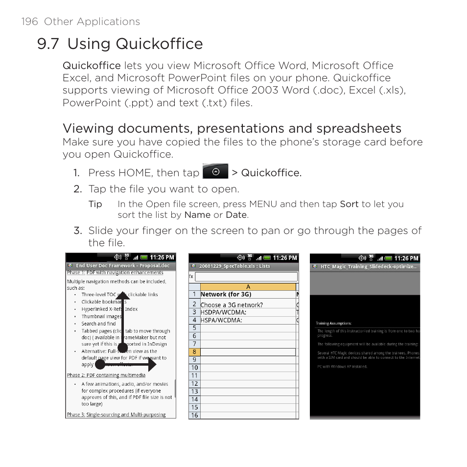7 using quickoffice, Viewing documents, presentations and spreadsheets | HTC DROID Eris PB00100 User Manual | Page 196 / 238