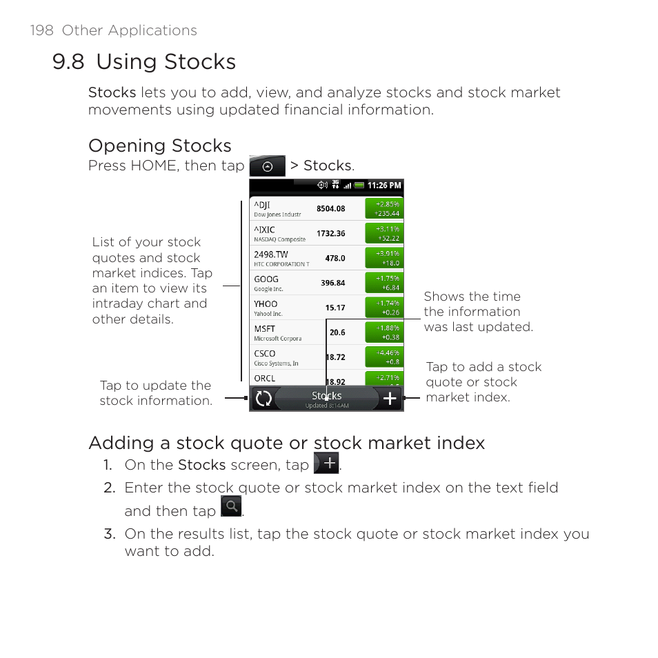 8 using stocks, Opening stocks, Adding a stock quote or stock market index | HTC DROID Eris PB00100 User Manual | Page 198 / 238