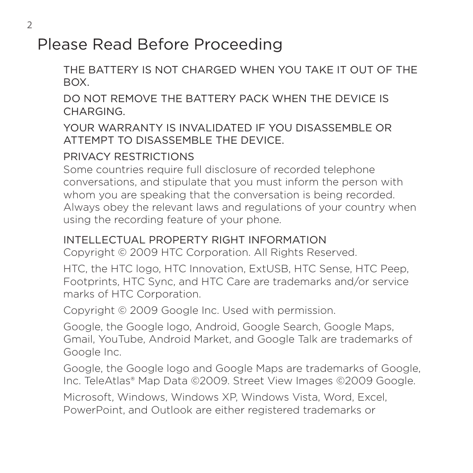 Please read before proceeding | HTC DROID Eris PB00100 User Manual | Page 2 / 238