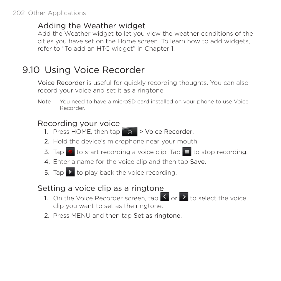 Adding the weather widget, 10 using voice recorder, Recording your voice | Setting a voice clip as a ringtone | HTC DROID Eris PB00100 User Manual | Page 202 / 238