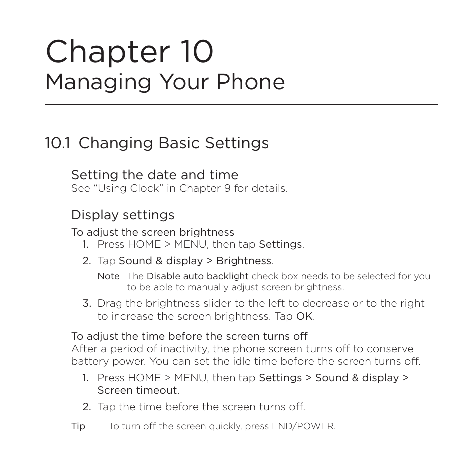 Chapter 10managing your phone, 1 changing basic settings, Setting the date and time | Display settings, Chapter 10 managing your phone, Setting the date and time display settings, Chapter 10, Managing your phone | HTC DROID Eris PB00100 User Manual | Page 204 / 238