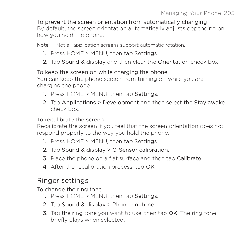 Ringer settings | HTC DROID Eris PB00100 User Manual | Page 205 / 238