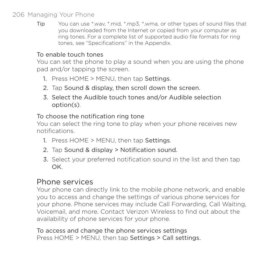 Phone services | HTC DROID Eris PB00100 User Manual | Page 206 / 238