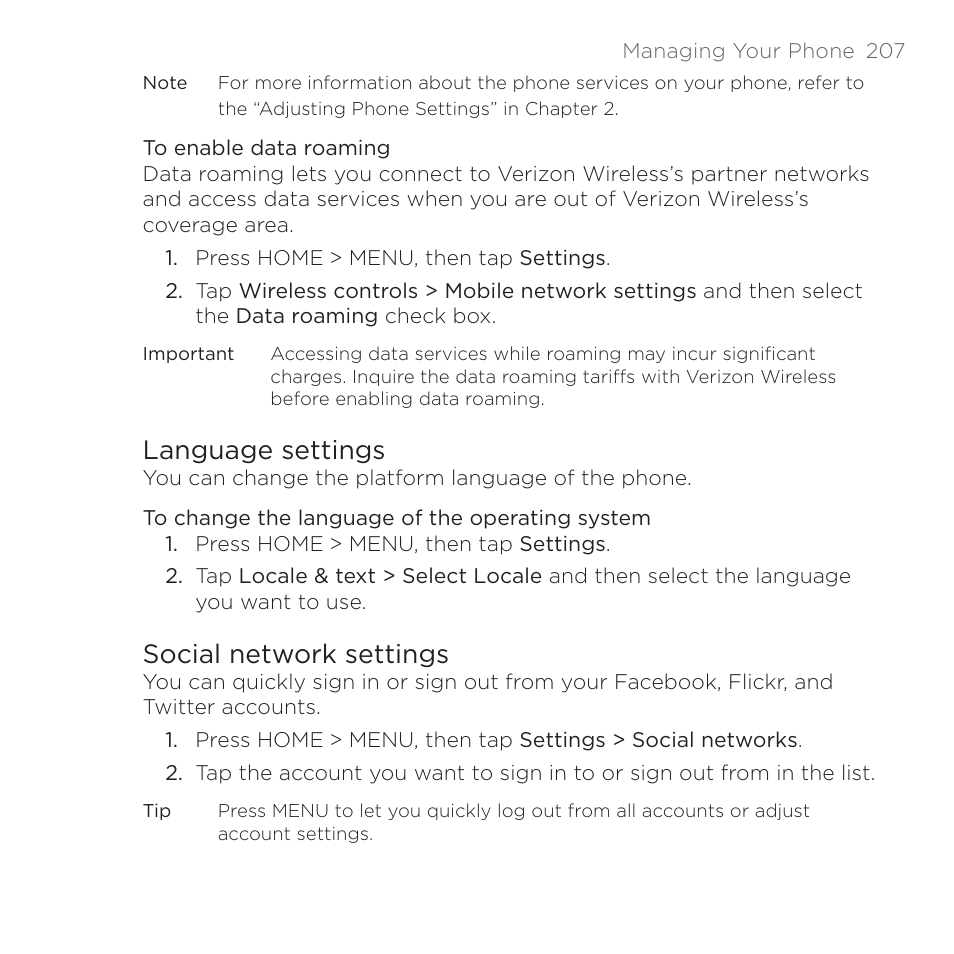Language settings, Social network settings, Language settings social network settings | HTC DROID Eris PB00100 User Manual | Page 207 / 238