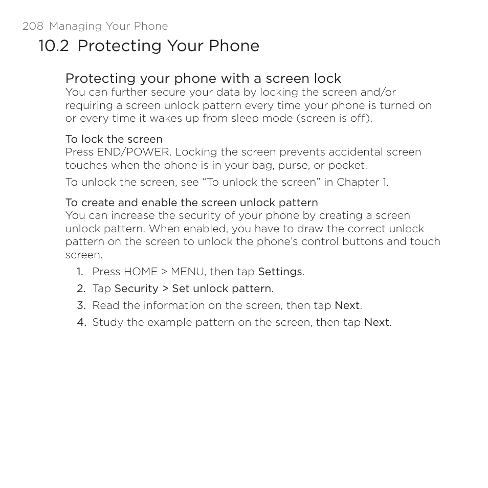2 protecting your phone, Protecting your phone with a screen lock | HTC DROID Eris PB00100 User Manual | Page 208 / 238