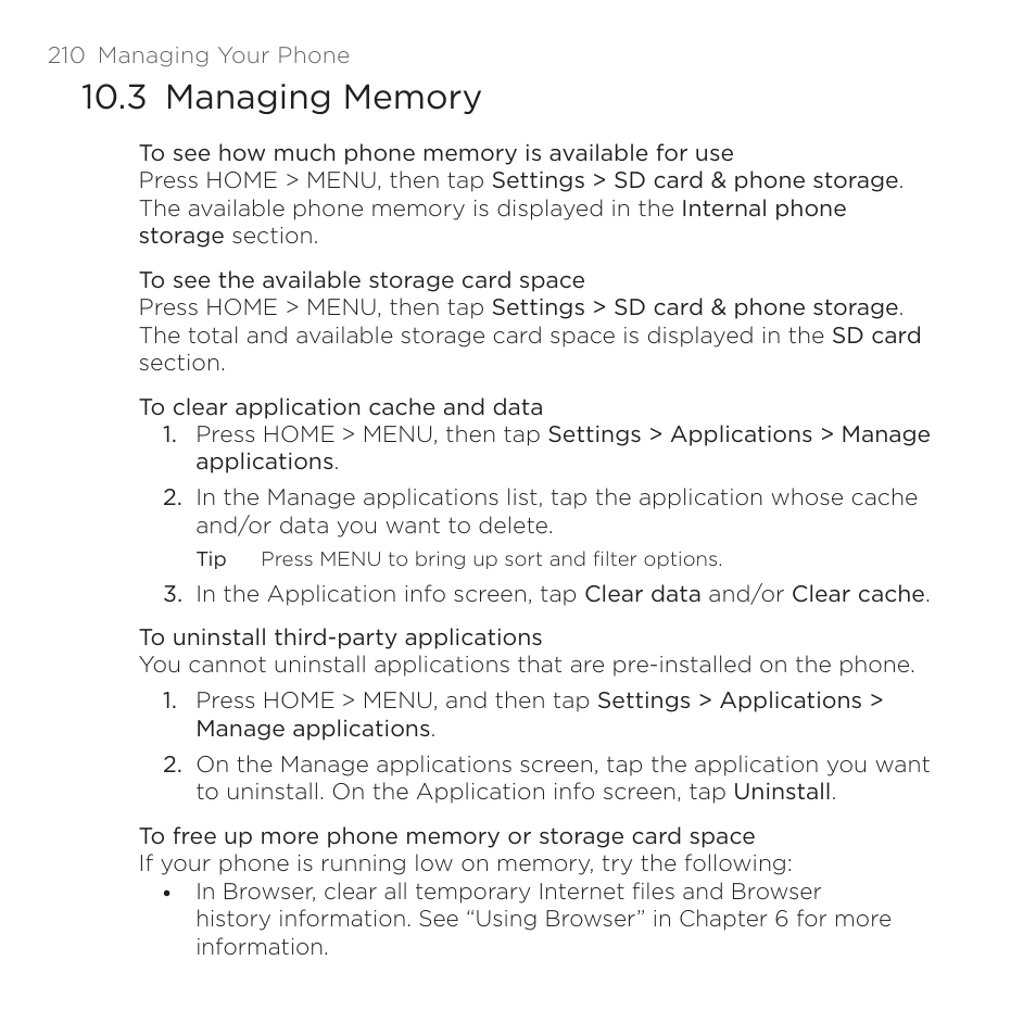 3 managing memory | HTC DROID Eris PB00100 User Manual | Page 210 / 238