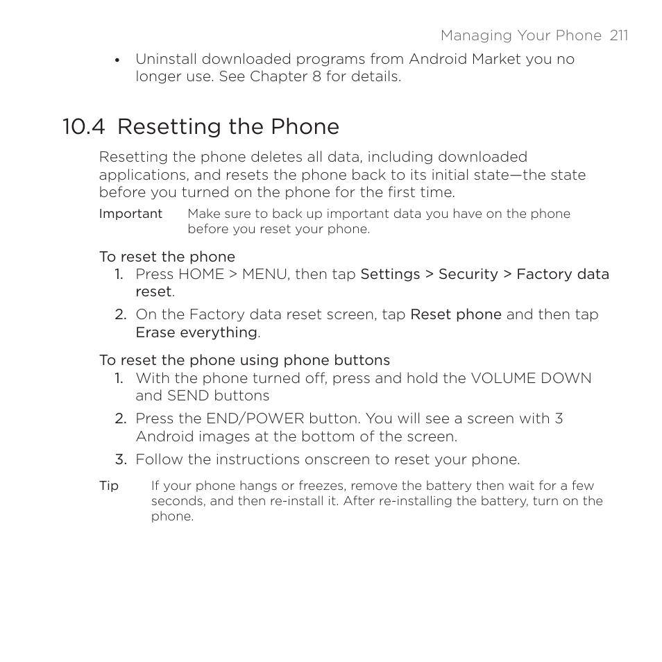 4 resetting the phone | HTC DROID Eris PB00100 User Manual | Page 211 / 238