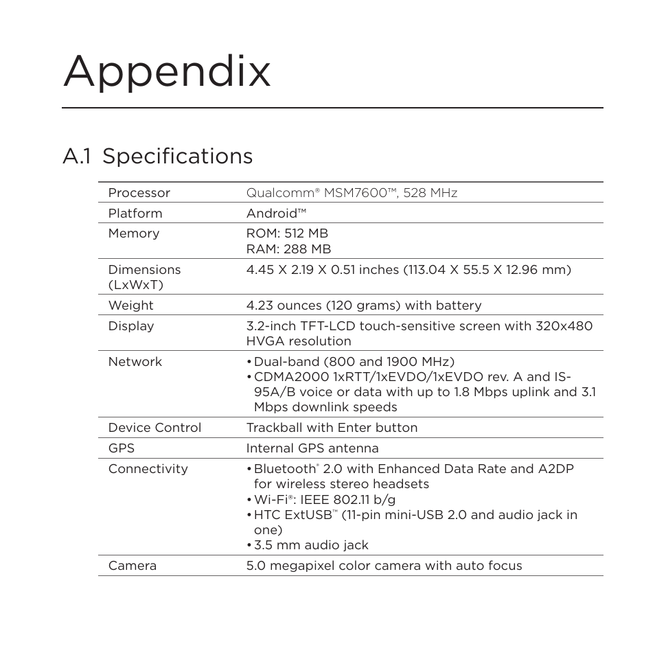 Appendix, A.1 specifications | HTC DROID Eris PB00100 User Manual | Page 212 / 238