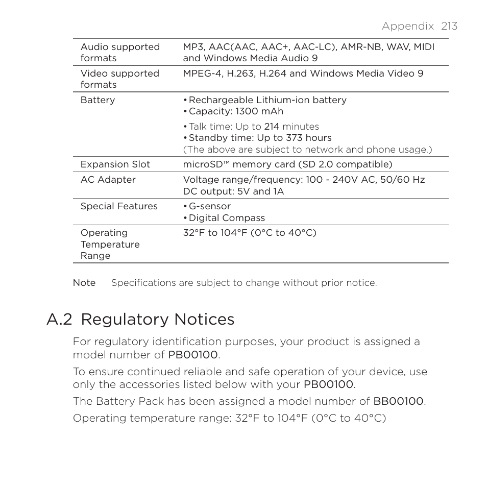 A.2 regulatory notices | HTC DROID Eris PB00100 User Manual | Page 213 / 238