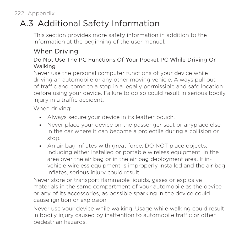 A.3 additional safety information | HTC DROID Eris PB00100 User Manual | Page 222 / 238