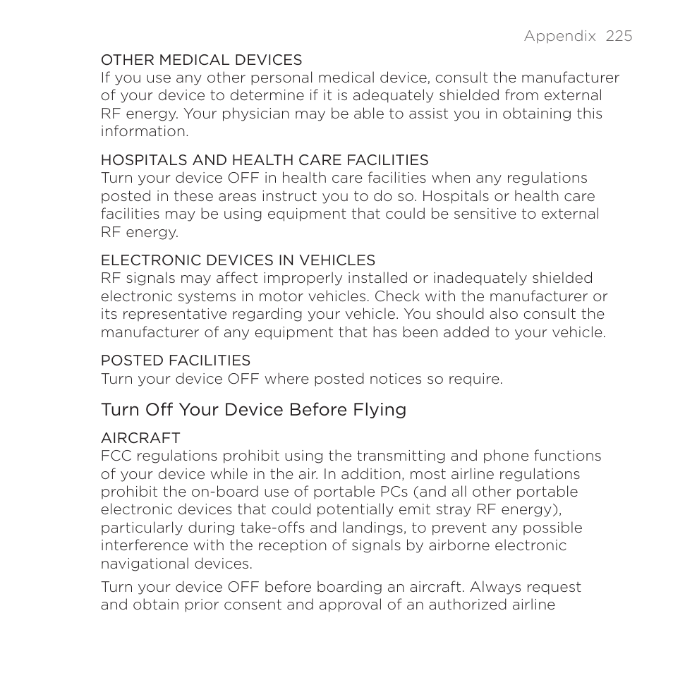 Turn off your device before flying | HTC DROID Eris PB00100 User Manual | Page 225 / 238