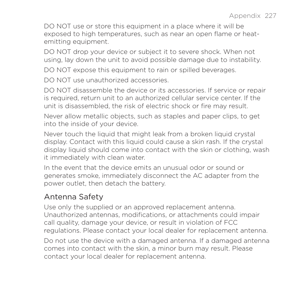 Antenna safety | HTC DROID Eris PB00100 User Manual | Page 227 / 238