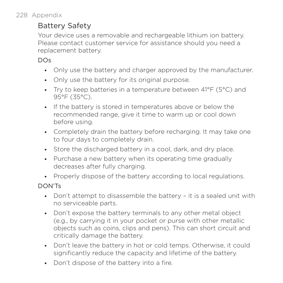 Battery safety | HTC DROID Eris PB00100 User Manual | Page 228 / 238