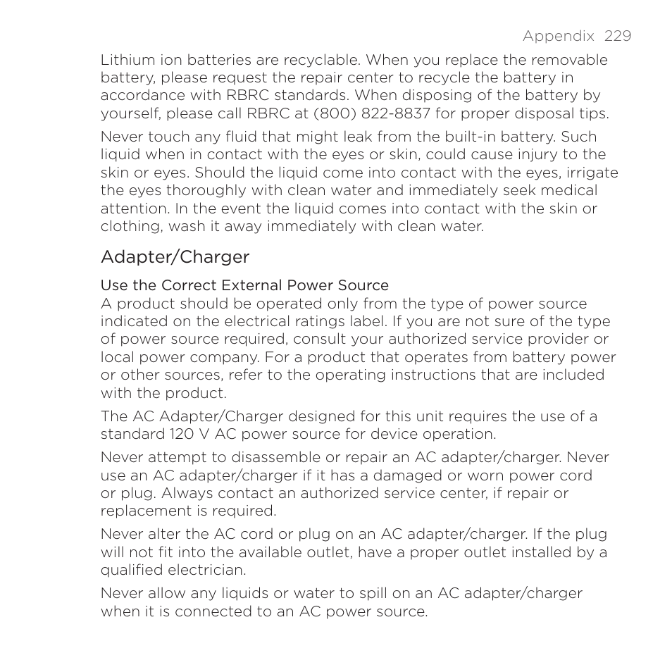 Adapter/charger | HTC DROID Eris PB00100 User Manual | Page 229 / 238