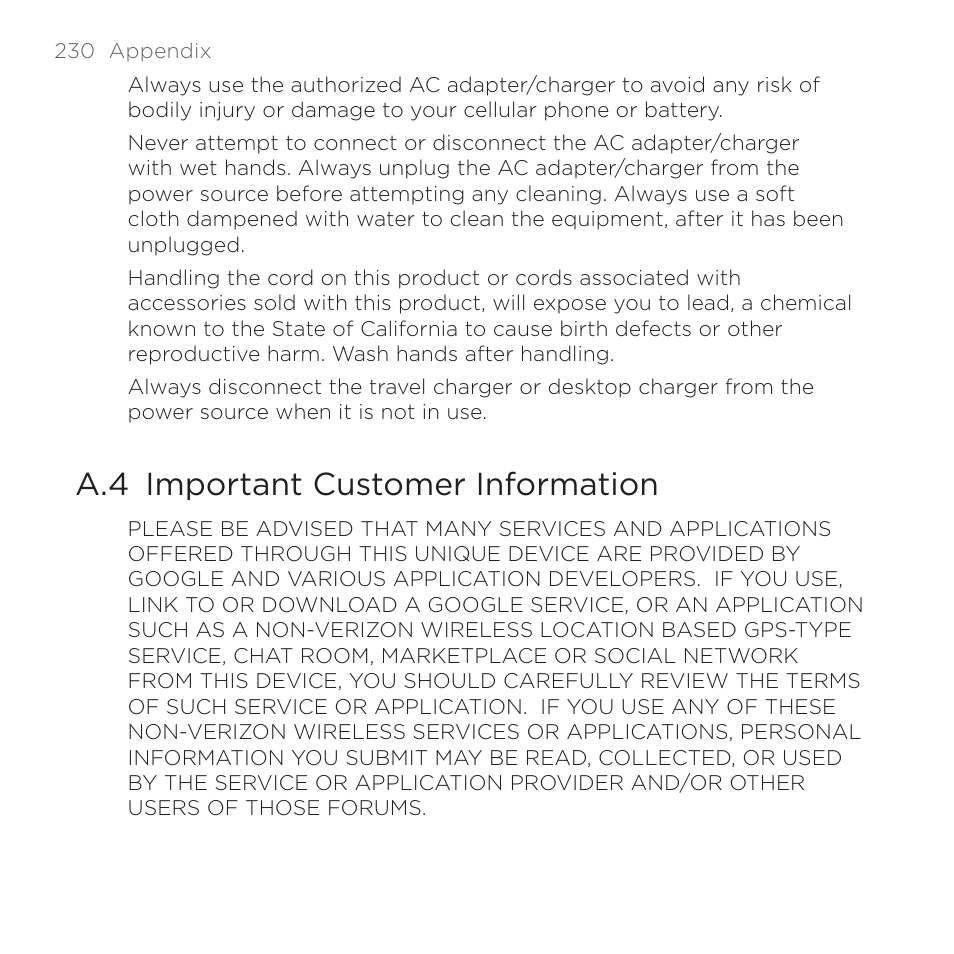 A.4 important customer information | HTC DROID Eris PB00100 User Manual | Page 230 / 238