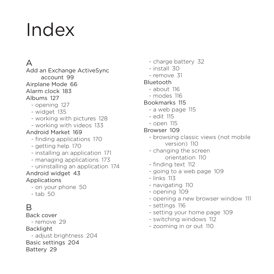 Index | HTC DROID Eris PB00100 User Manual | Page 232 / 238