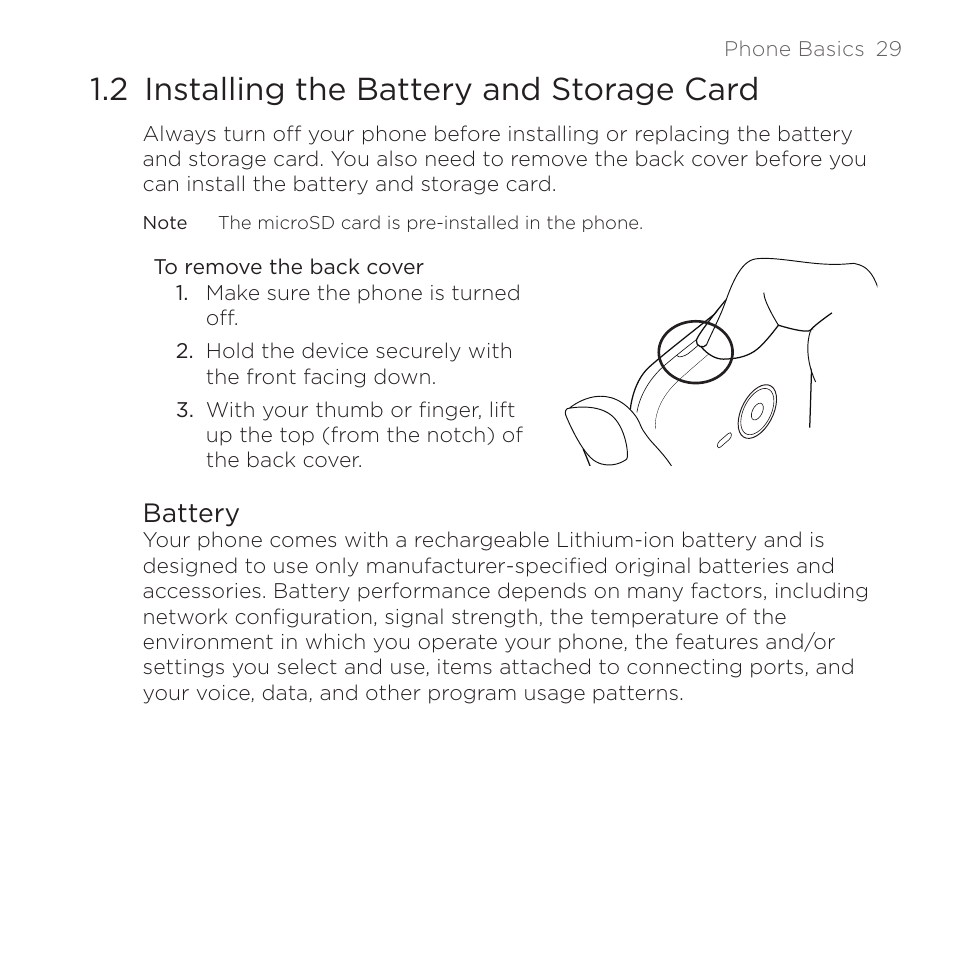 2 installing the battery and storage card, Battery | HTC DROID Eris PB00100 User Manual | Page 29 / 238