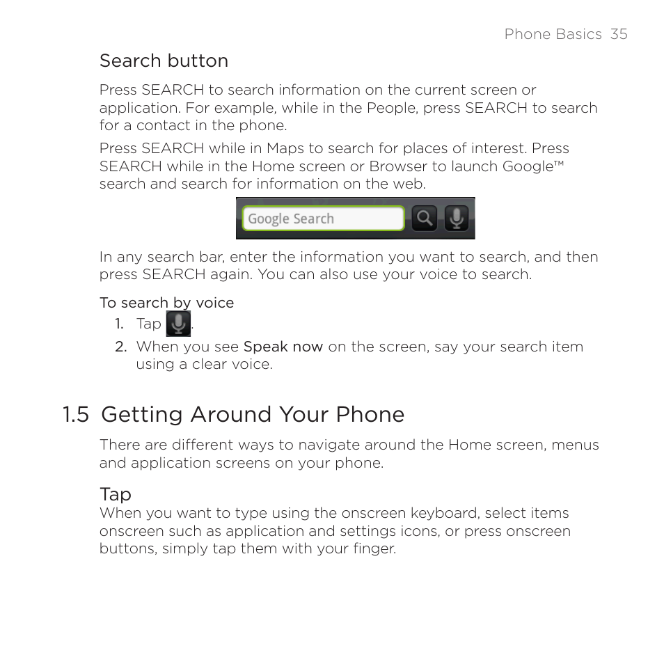 Search button, 5 getting around your phone | HTC DROID Eris PB00100 User Manual | Page 35 / 238