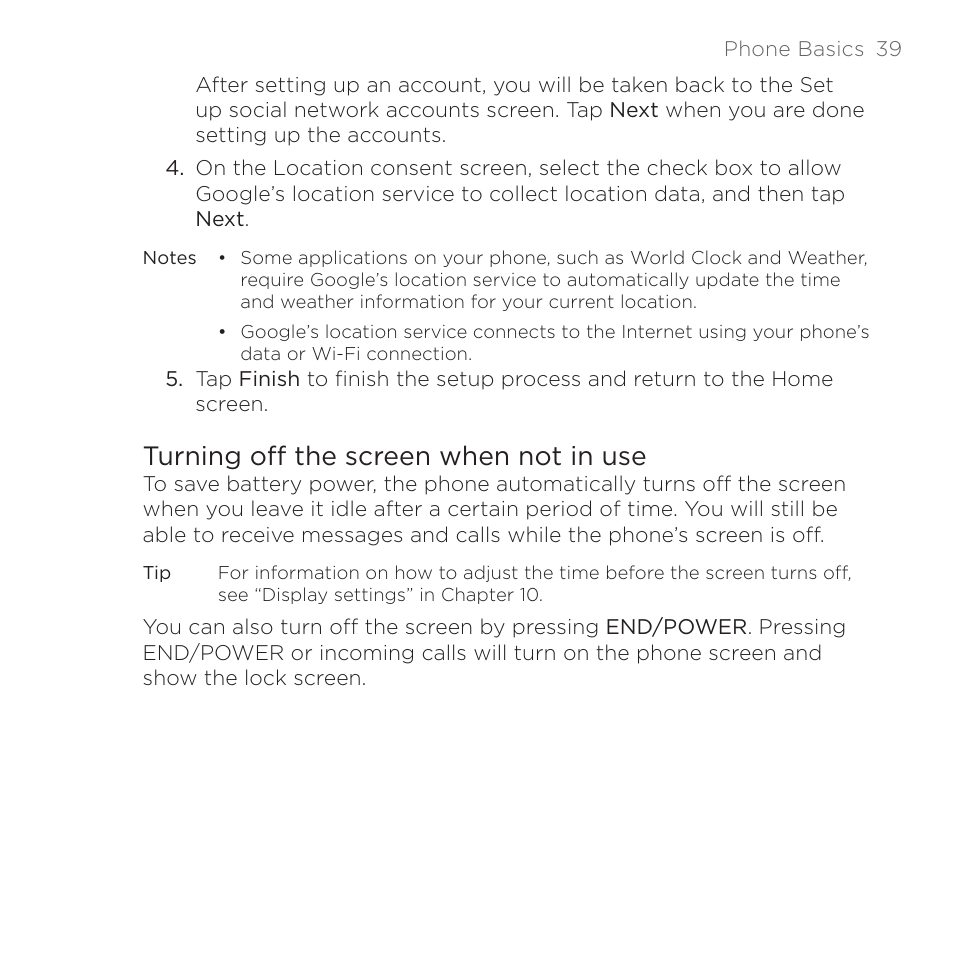 Turning off the screen when not in use | HTC DROID Eris PB00100 User Manual | Page 39 / 238